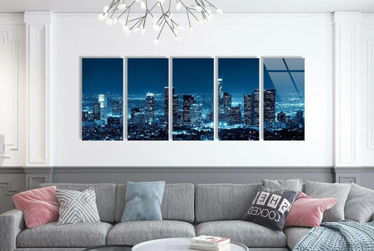 Showcasing the abstract quality, this five-panel Los Angeles Night Cityscape glass wall art embodies unique modern wall decor with its sleek lines and atmospheric depiction of the urban skyline.