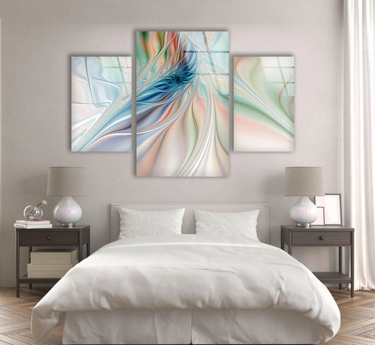 Pastel colors fractal glass wall art shows a flowing abstract design and soft hues ideal as glass wall art and a flowing abstract decor for any room