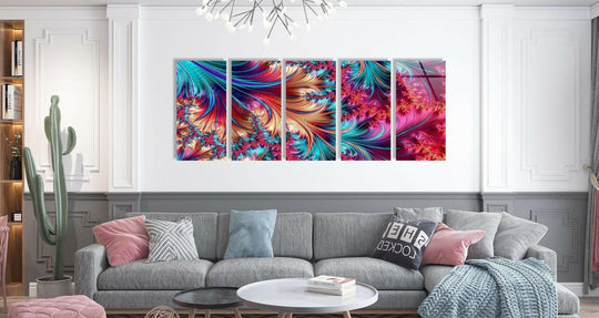 The darkest area showcases intricate details within this vivid, multi-panel fractal abstract glass wall art prints, featuring a mesmerizing blend of purple, blue, and gold tones.