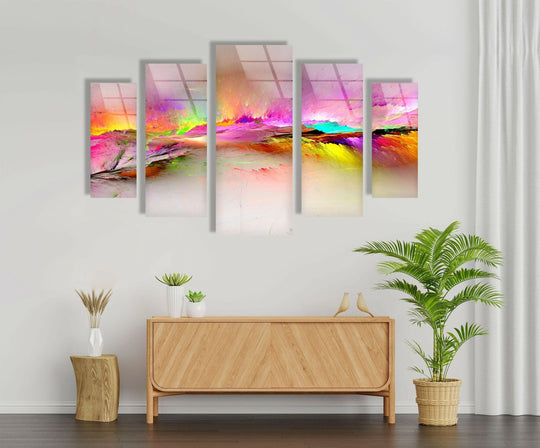 The abstract glass wall art shows vivid pink and yellow clouds and is a five piece glass wall art set for home decor and vibrant wall art