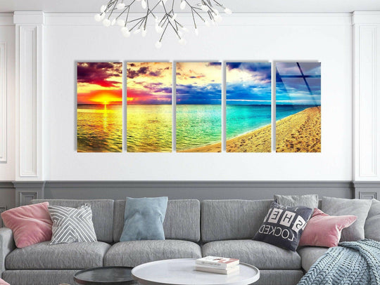 Colorful sunset beach landscape glass wall art shows ocean colors and a sunset sky and is decor for your home as a vivid beach and seascape glass wall art and beach wall decor on a white wall