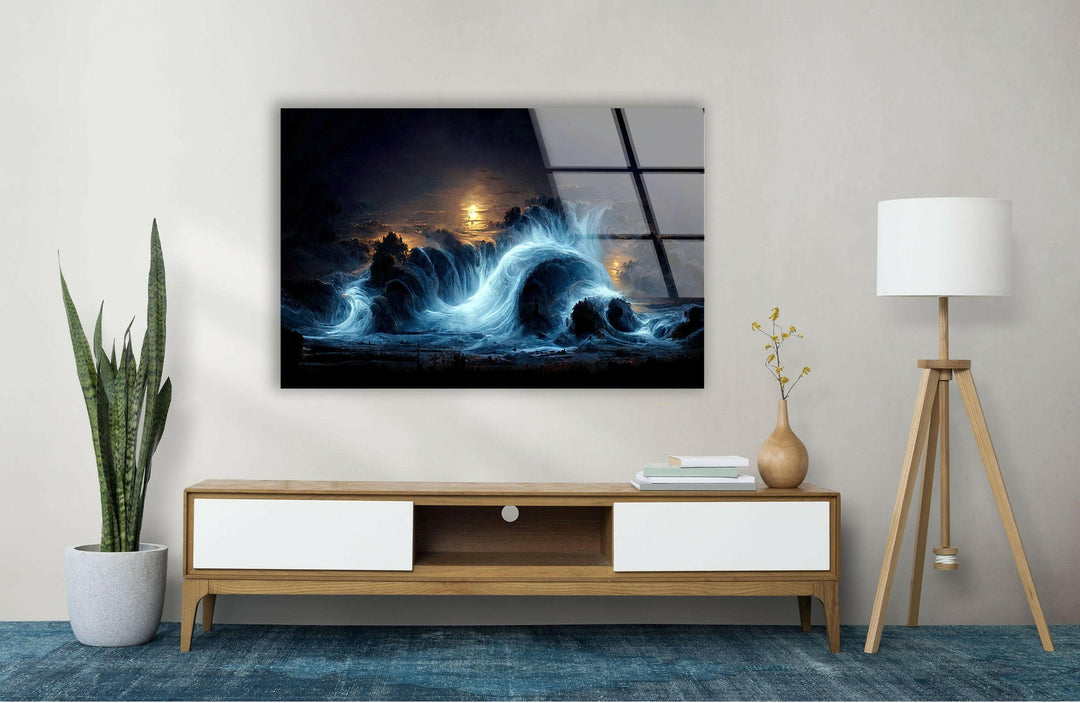 Nighttime ocean tempest with stunning wave motion and a deep blue color palette.
