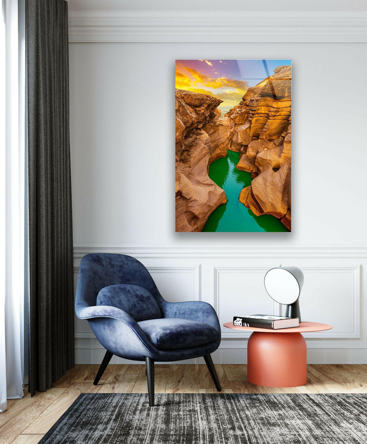Elegant canyon wall art with detailed rock textures and natural water pools.
