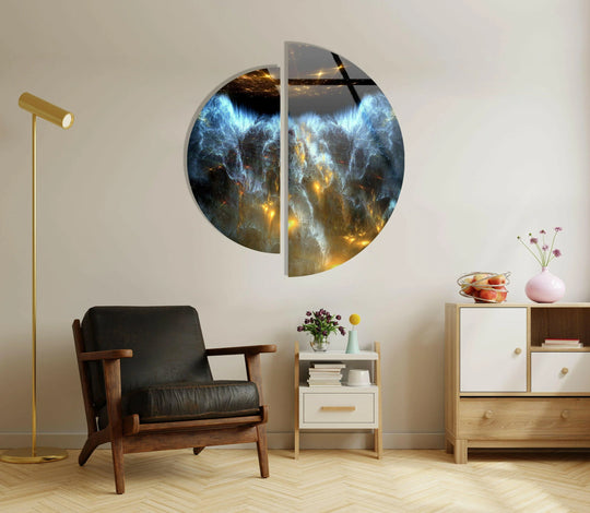 Horizontally oriented, two-piece circle showcasing dark blue abstract glass wall art, a stellar example of the best glass art for modern interiors.