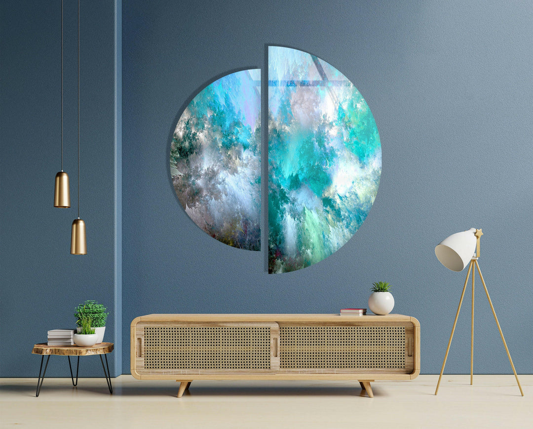 Two Piece Round Blue Abstract Glass Wall Art custom glass pictures, glass art prints
