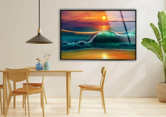 Landscape glass wall art featuring a sunset and big waves with a glossy finish for coastal beauty and sunset wall decor