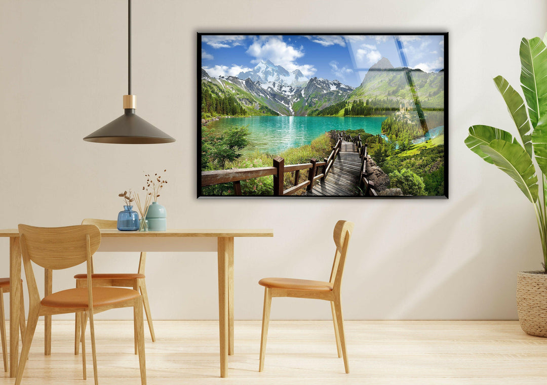 Scenic nature-inspired wall art featuring a turquoise lake and a wooden walkway.
