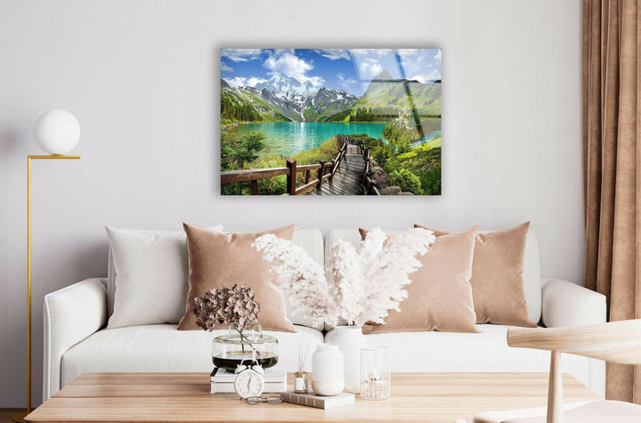 Luxury glass artwork capturing a peaceful mountain retreat with vibrant colors.
