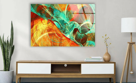 Vibrant orange abstract wall prints erupt with energetic teal swirls and warm yellow hues.