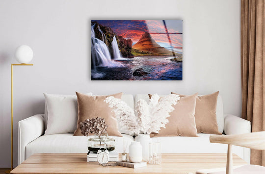 The reflective edge and borders of the majestic waterfall sunset glass wall art decor enhance the vibrant Kirkjufell Mountain landscape art print.