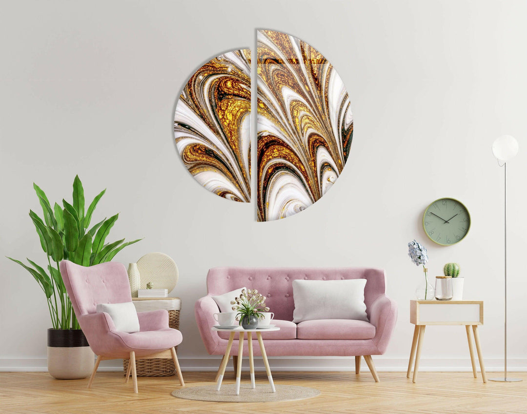 Set of 2 Piece Golden Abstract Glass Wall Art print on glass, glass printed photos

