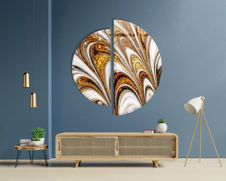 Set of 2 Piece Golden Abstract Glass Wall Art picture on glass wall art, photos printed on glass
