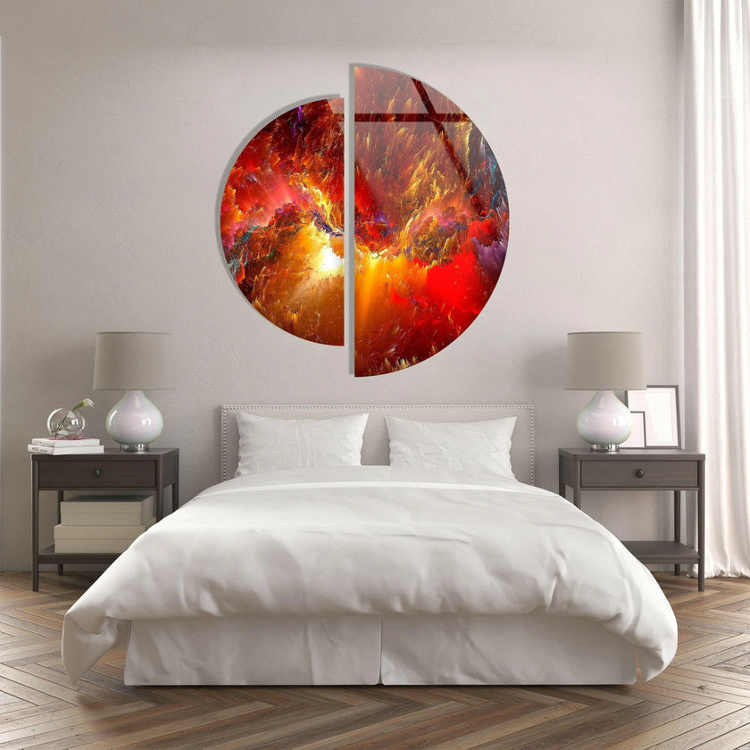 Two Piece Round Red Abstract Glass Wall Art-Picture On Glass Wall Art