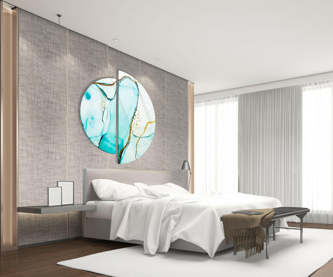 Set of 2 Pieces Blue and Gold Abstract Glass Wall Art glass photo prints, glass picture prints
