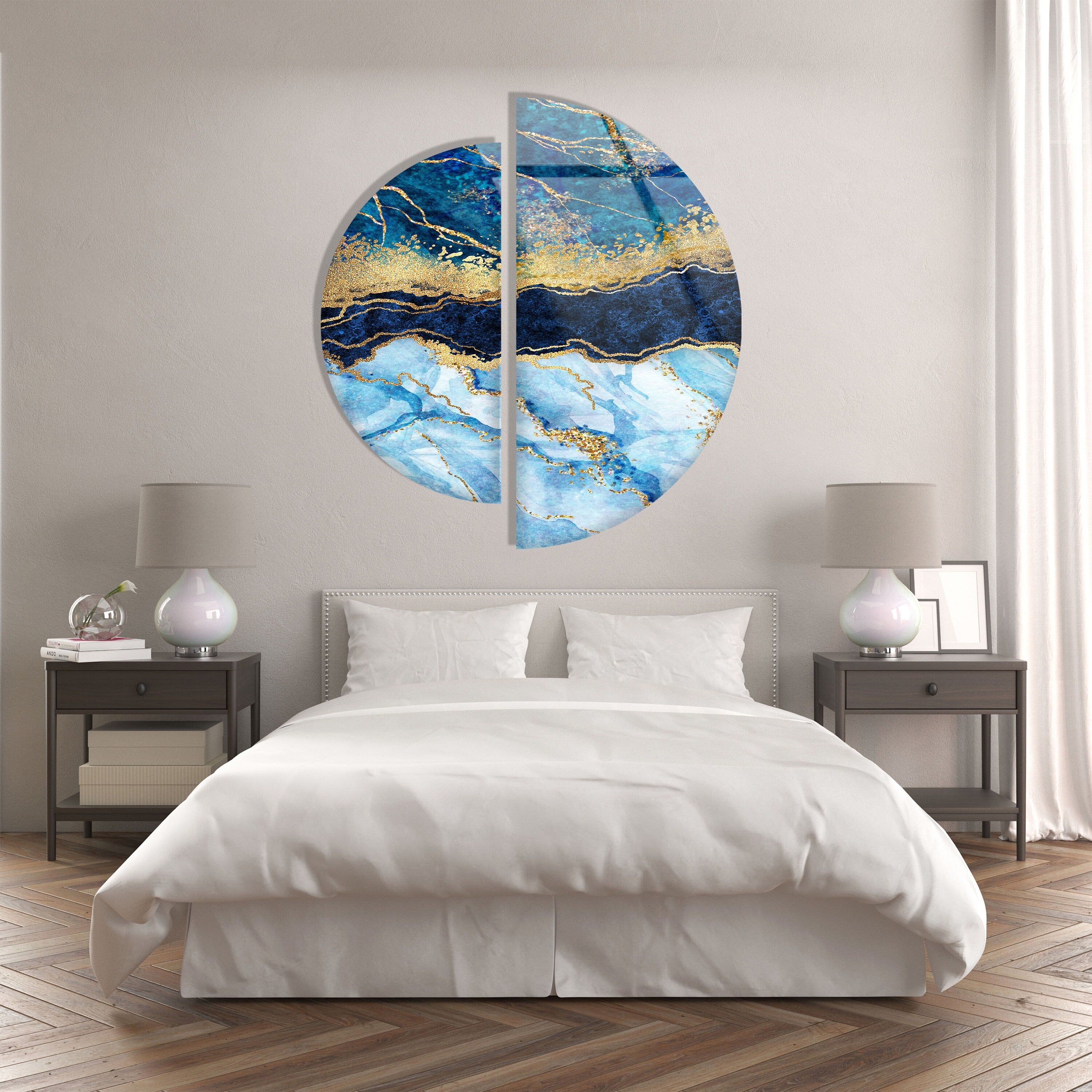 2 Piece Blue and Gold Abstract Tempered Glass Wall Art