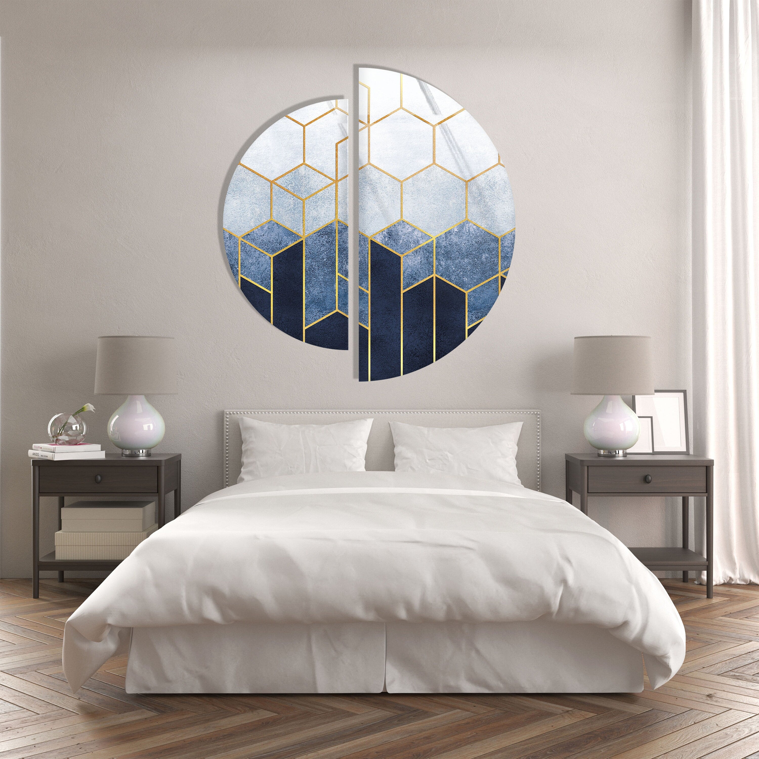 2 Piece Half Circle Abstract Hexagon Tempered Glass Wall Art