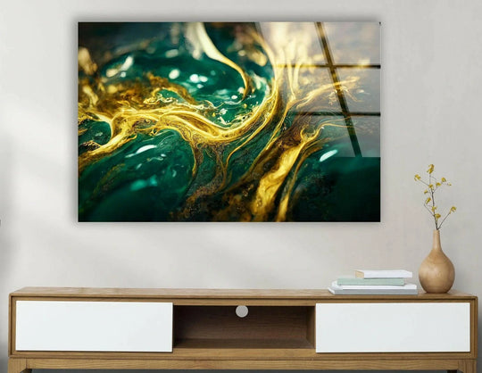 Realistic detail of swirling emerald green and shimmering gold veins on this stunning glass wall art prints.