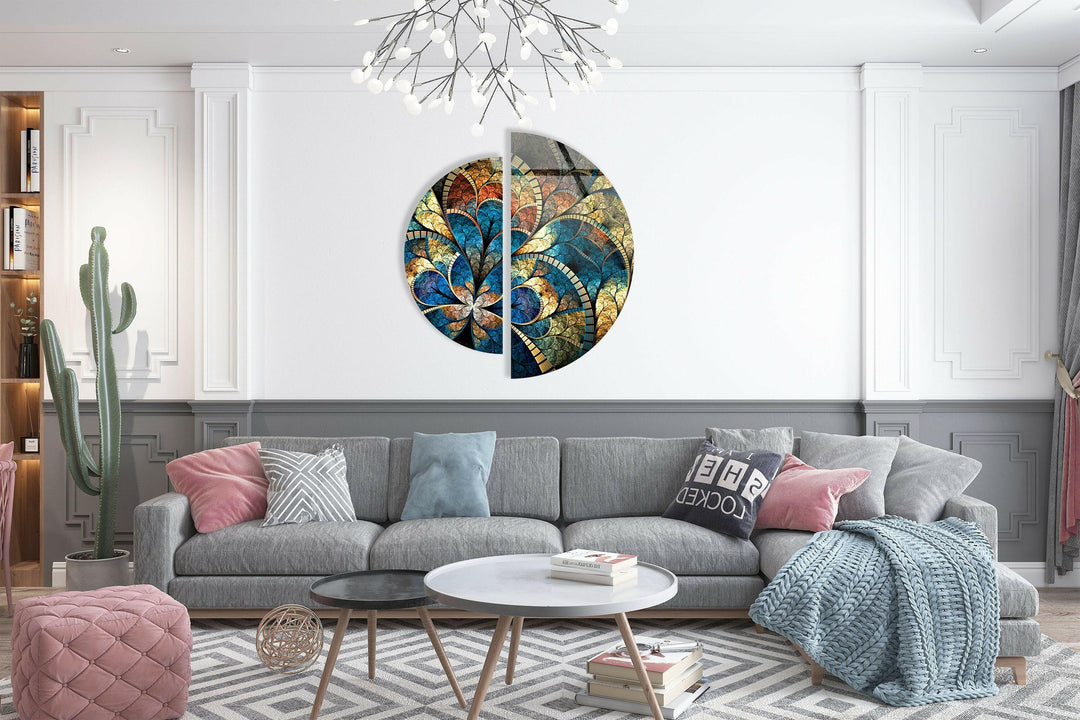 Set of 2 Pieces Blue Stained Glass Wall Art picture on glass wall art, photos printed on glass
