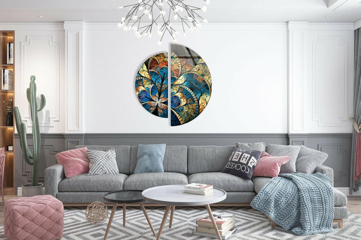 Set of 2 Pieces Blue Stained Glass Wall Art picture on glass wall art, photos printed on glass
