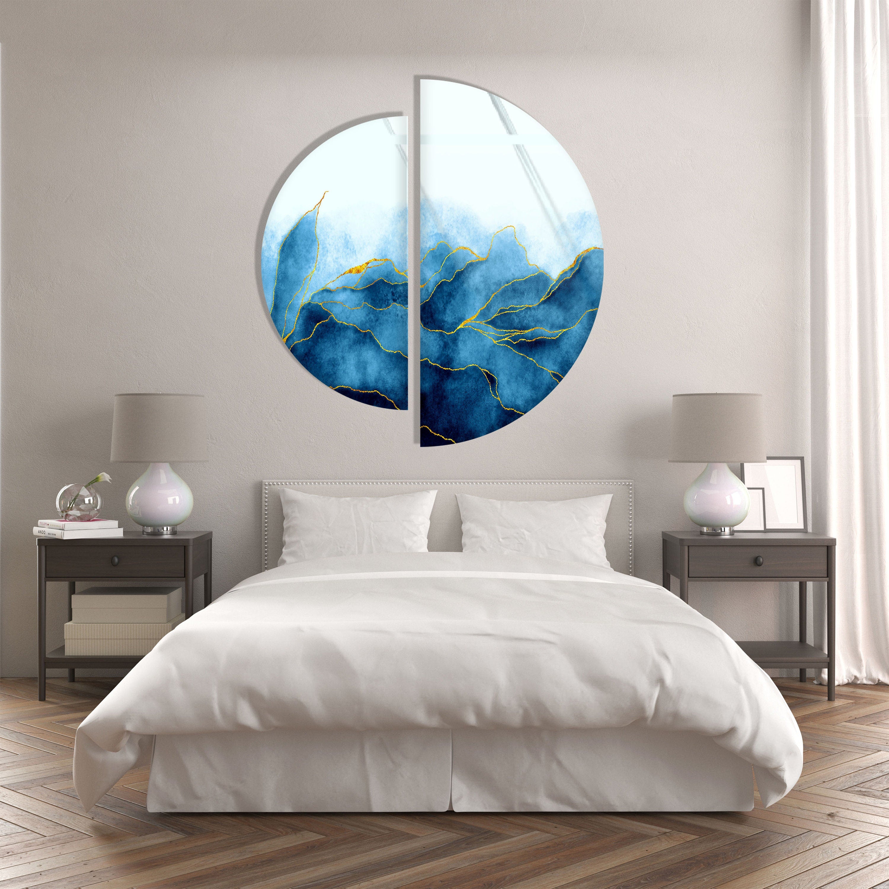 2 Piece Blue Floral Tempered Glass Wall Art