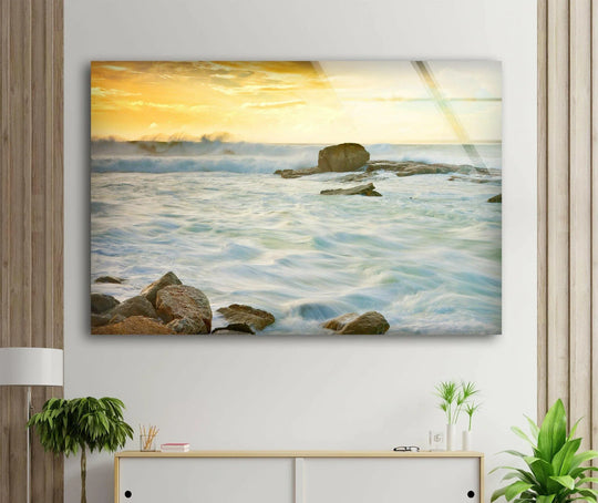 Landscape glass wall art features golden waves and ocean sunrise reflecting coastal light and serene seascape scene perfect as ocean wall art
