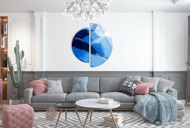 Set of 2 Blue Alcohol ink Abstract Glass Wall Art print on glass, glass printed photos
