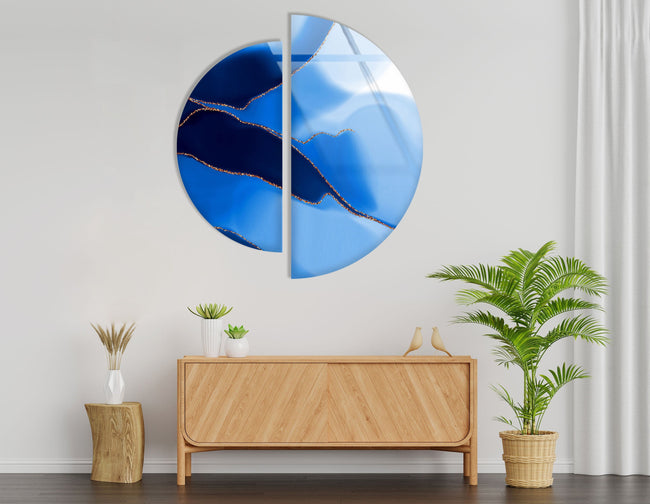 Set of 2 Blue Alcohol ink Abstract Tempered Glass Wall Art