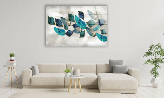 Flower with blue and gold leaves is glass wall art and modern luxury decor plus elegant leaves on wall