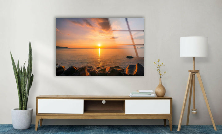 Tranquil Sunset Reflection – A Mesmerizing Coastal View on Glass
