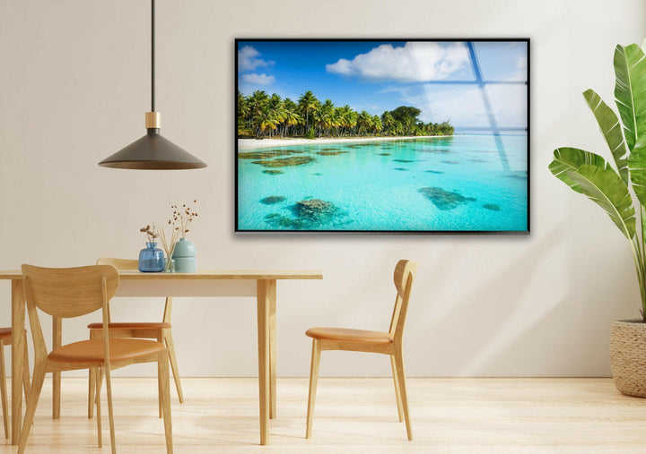 Luxury glass artwork capturing a stunning tropical escape with clear skies and calm seas.
