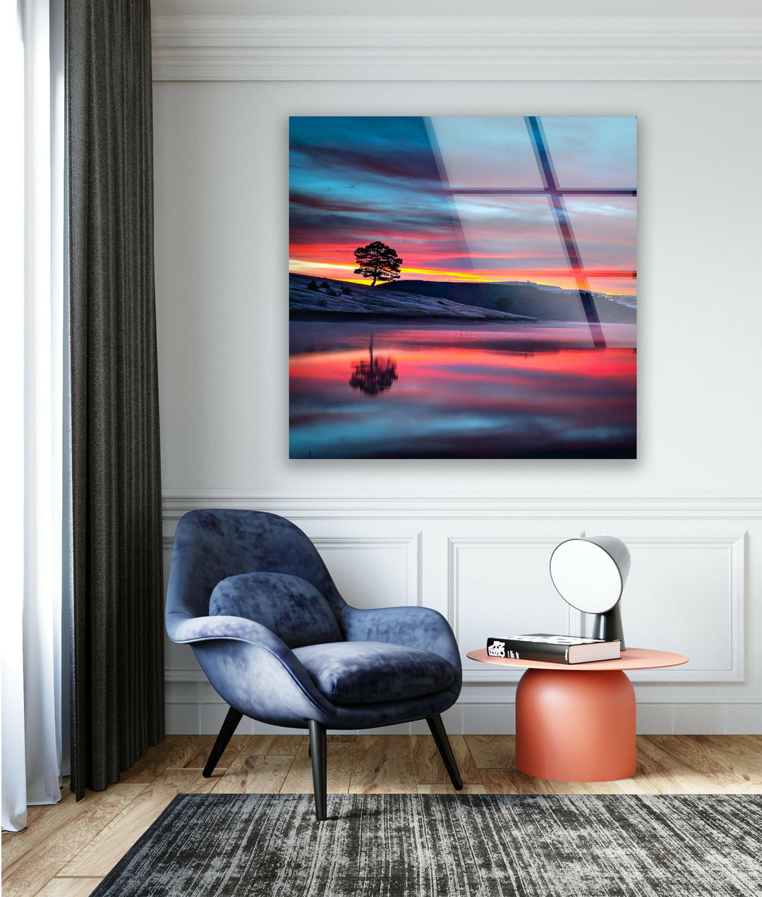 Vibrant Sunset with Tree Silhouette – A Mesmerizing Glass Print
