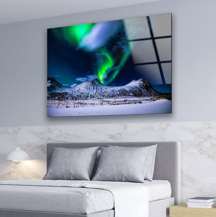 Modern home decor featuring the magic of the Northern Lights over a serene winter scene.
