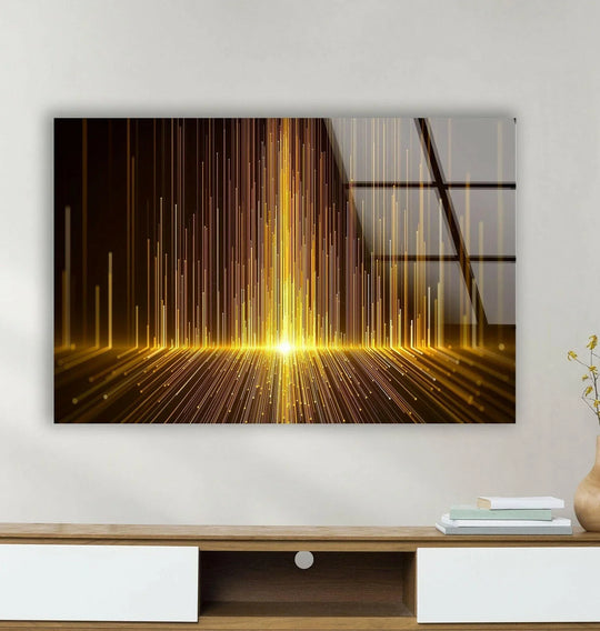 Warm golden light emanates from this abstract glass wall art, casting a radiant glow.
