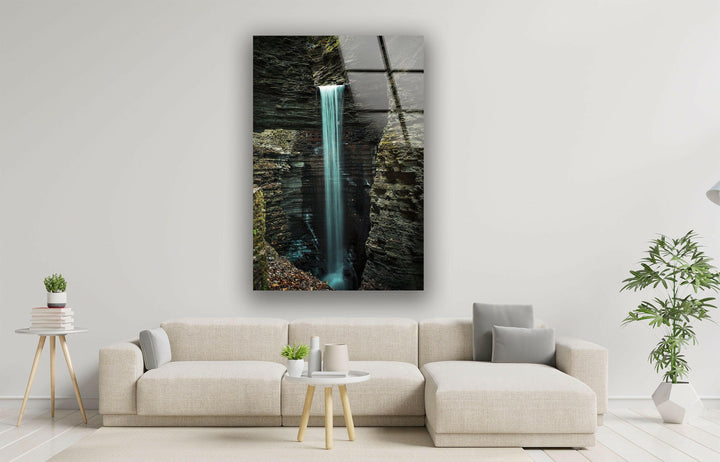 Stunning waterfall hidden within towering rock formations, perfect for a modern and elegant wall decor.
