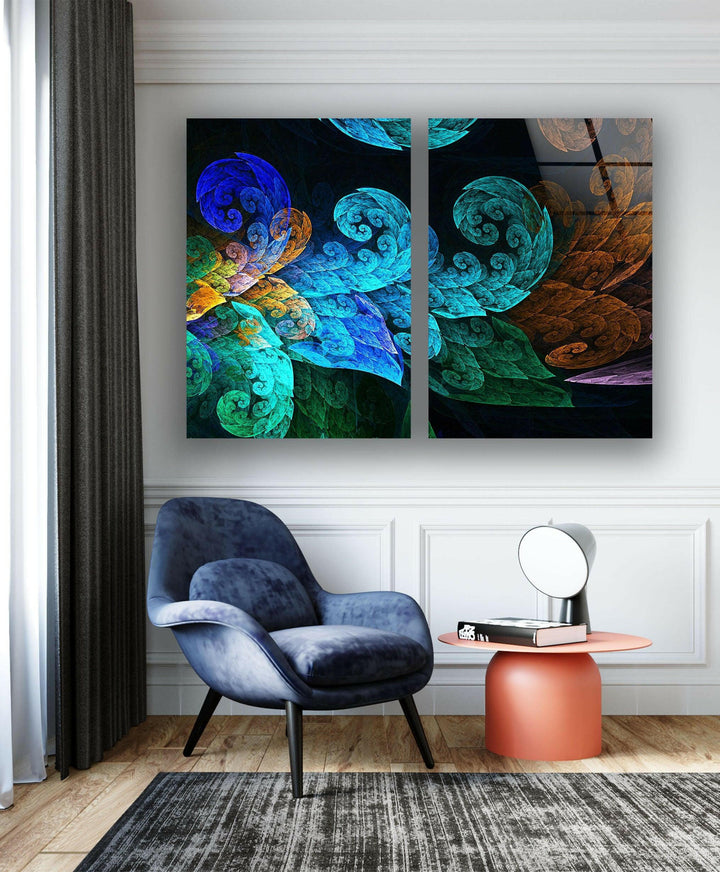 Blue Fractal Leaves Abstract Glass Wall Art, print on glass, glass printed photos