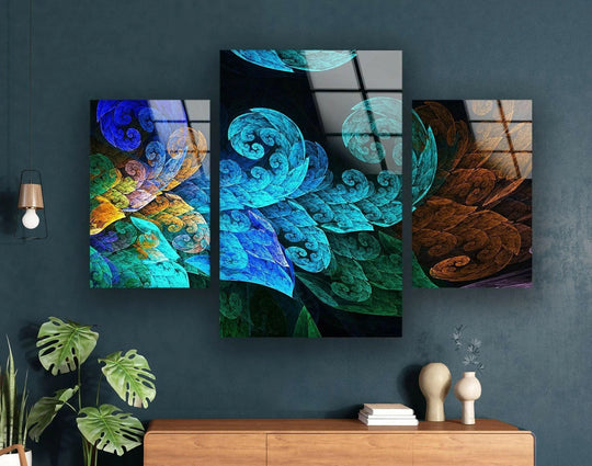 The abstract glass wall art shows fractal leaves and a blue fractal design and is colorful home decor