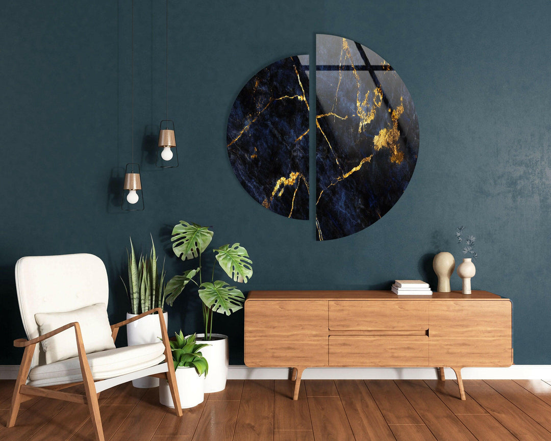 Round 2 Piece Dark & Gold Glass Wall Art glass image printing, glass prints from photos
