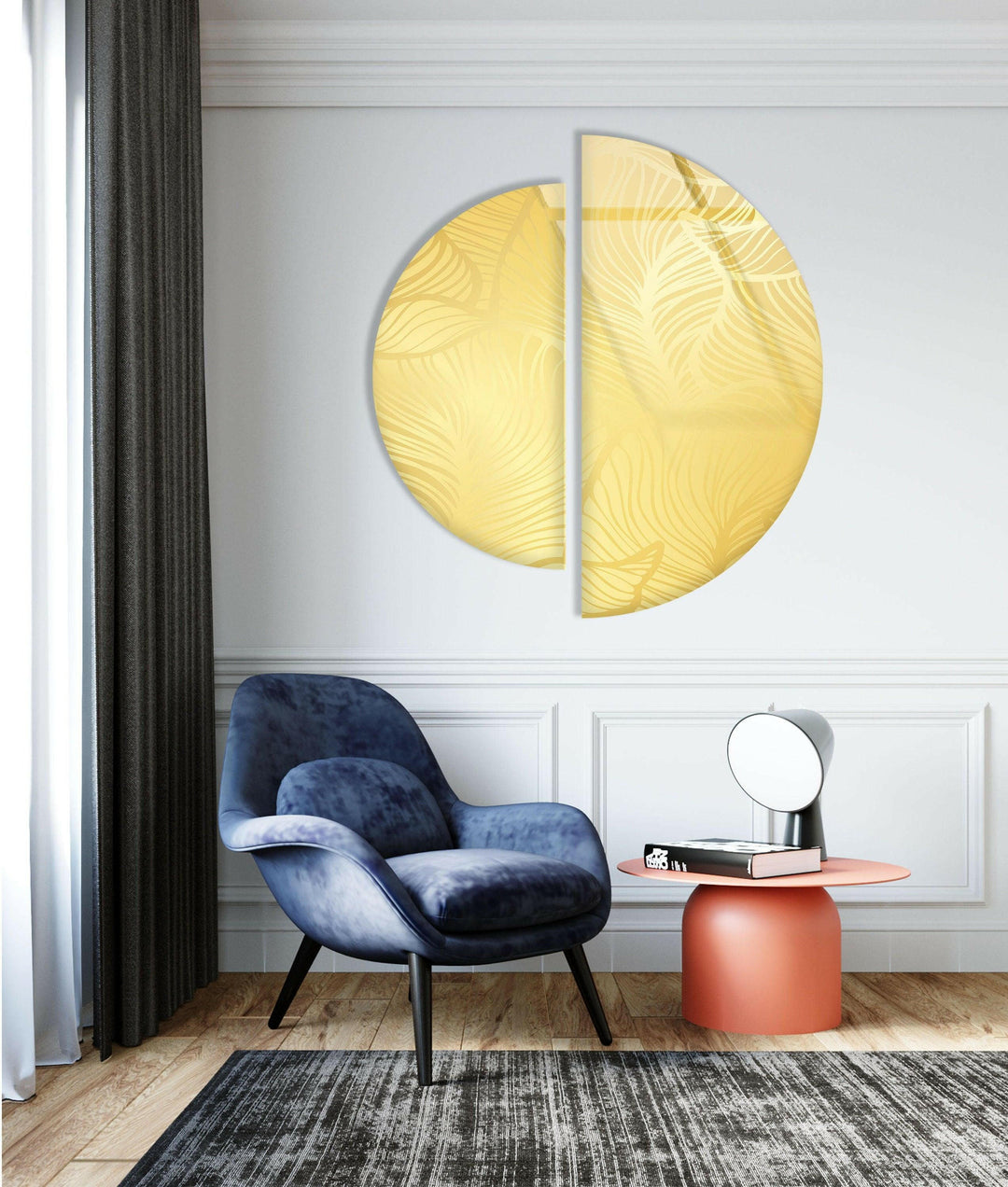 Round 2 Piece Shiny Yellow Glass Wall Art print picture on glass, Tempered Glass Wall Art
