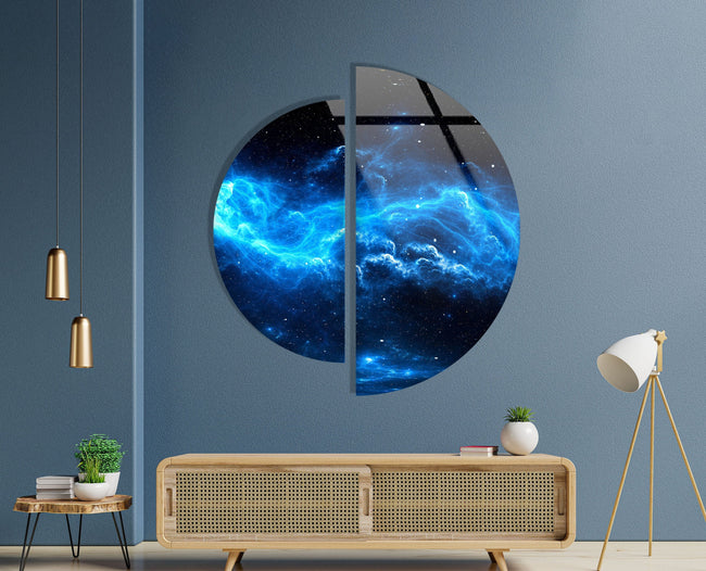 2 Pieces Half Circle Nebula Star and Space Tempered Glass Wall Art