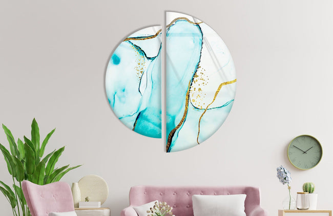 Set of 2 Pieces Blue and Gold Abstract Tempered Glass Wall Art