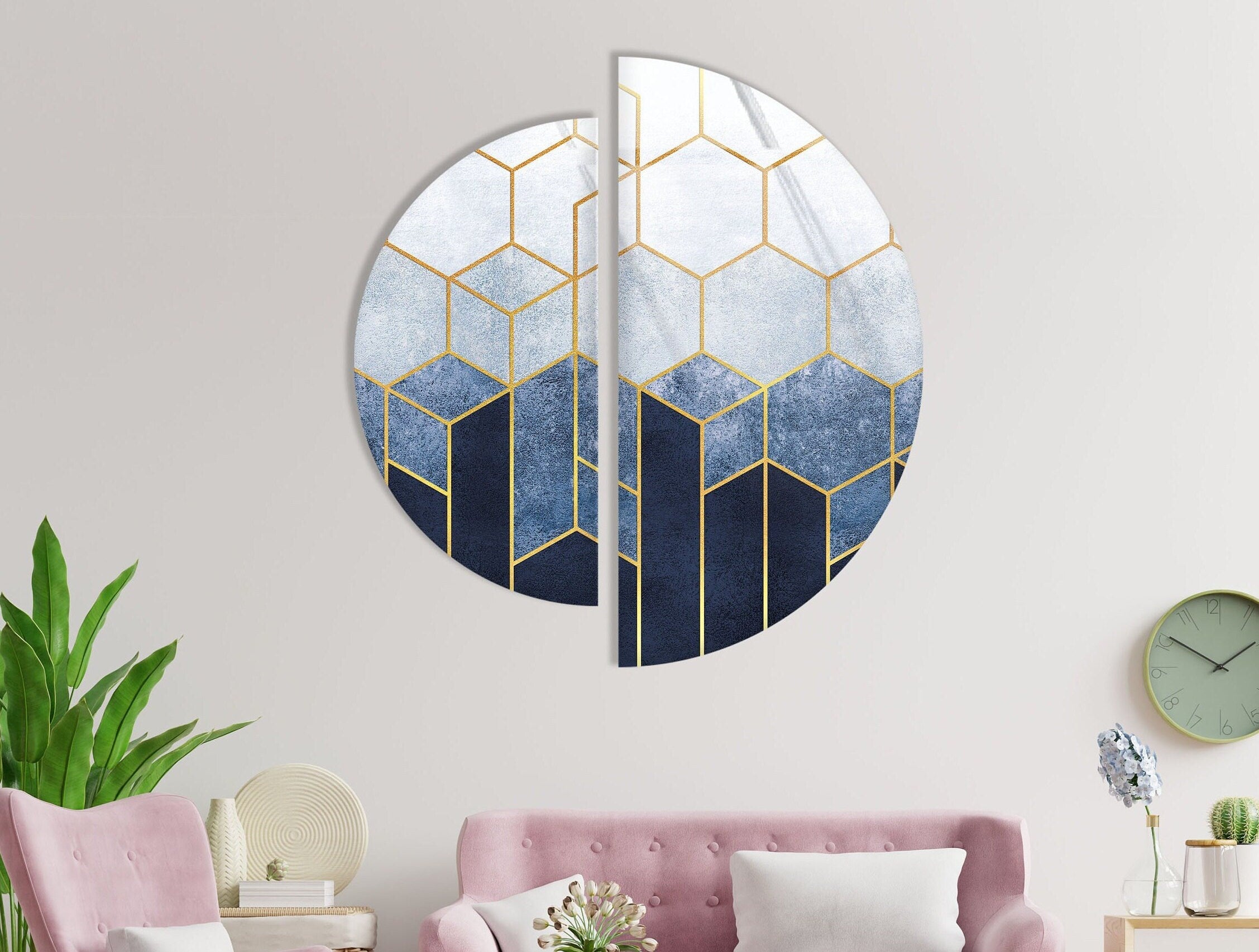 2 Piece Half Circle Abstract Hexagon Tempered Glass Wall Art
