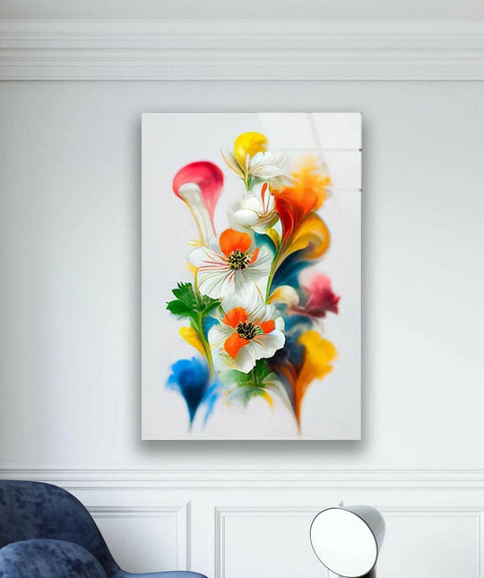 Abstract watercolor bright spring flowers on glass wall art decor with vibrant swirling colors.