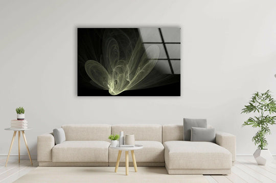 An ethereal abstract glass art painting of a glowing fractal flower with swirling luminous lines on a dark background.