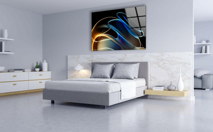 Blue Neon Wave Abstract Glass Wall Art, glass pictures for Wall, glass prints wall art
