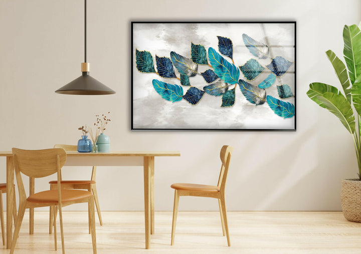 Blueish Golden Leaves Glass Wall Art, custom glass pictures, glass art prints