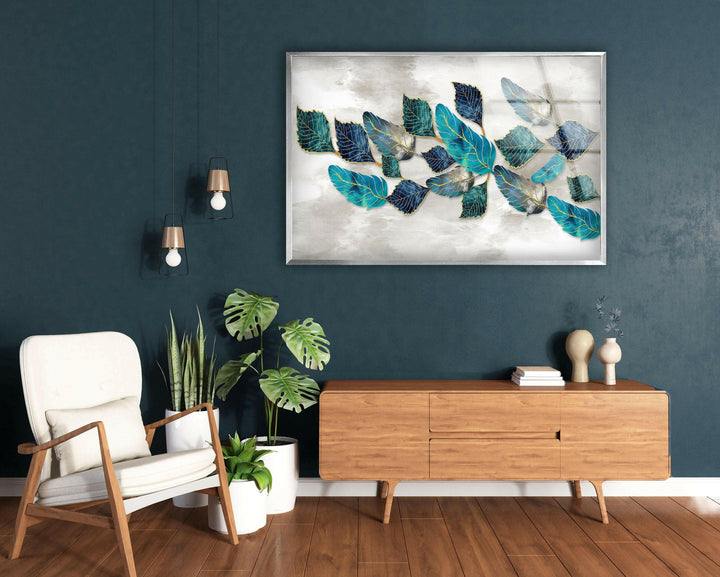 Blueish Golden Leaves Glass Wall Art, glass image printing, glass prints from photos