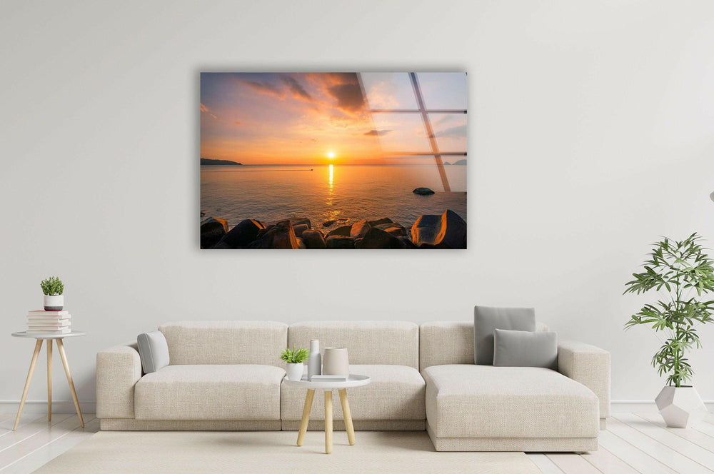 Serene Ocean Sunset Scene – A Peaceful Evening on Glass Wall Art
