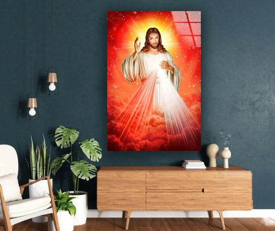 Religion glass wall art showing a red and white Jesus Christ and divine Christian art plus uplifting wall decor