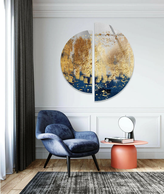 2 Piece Circle blue and gold glass wall art with a round abstract motif and luxury decor