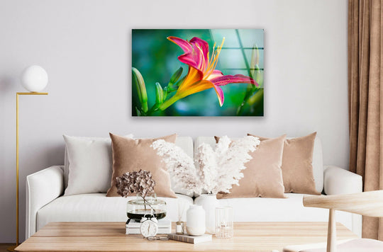A vibrant closeup of a lily's delicate petals, rendered with realistic detail in this stunning glass art painting.